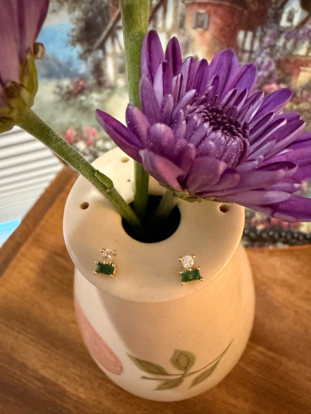Gold Plated Green Stone and Clear Crystal Stud Earrings - Women Jewelry